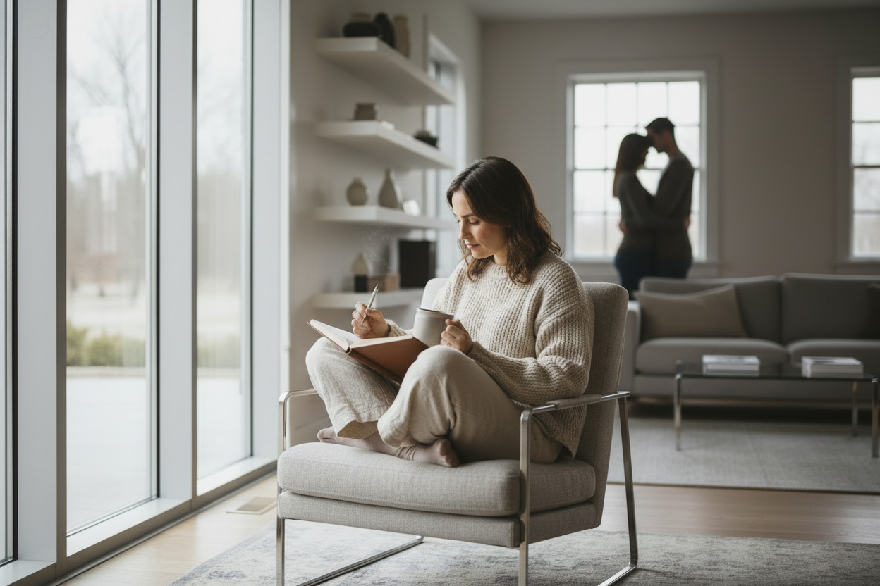 Woman sitting on a chair in a modern living room, writing in a notebook.
