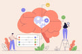 Flat vector illustration of a stylized orange brain with a white heart-shaped center containing blue and purple gears. A person stands on a ladder to the right holding a magnifying glass, and another person at left points to a control panel with sliders and colored dots.