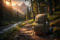 Green backpack and bottle on a forest path with mountains in the background