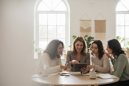 try generating an impage that would represent the impactelle mission and vision of professional and personal growth of women, has be be human and calm colors to match the branding colors of impactelle so when we will add pink text on it it would be leasible