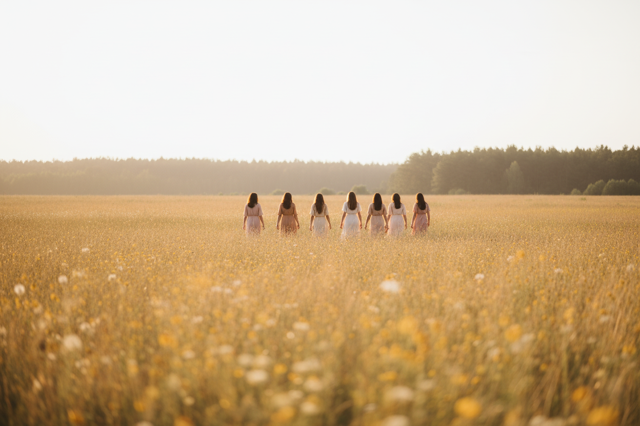 Seven women walking in a line through a golden field with trees in the background